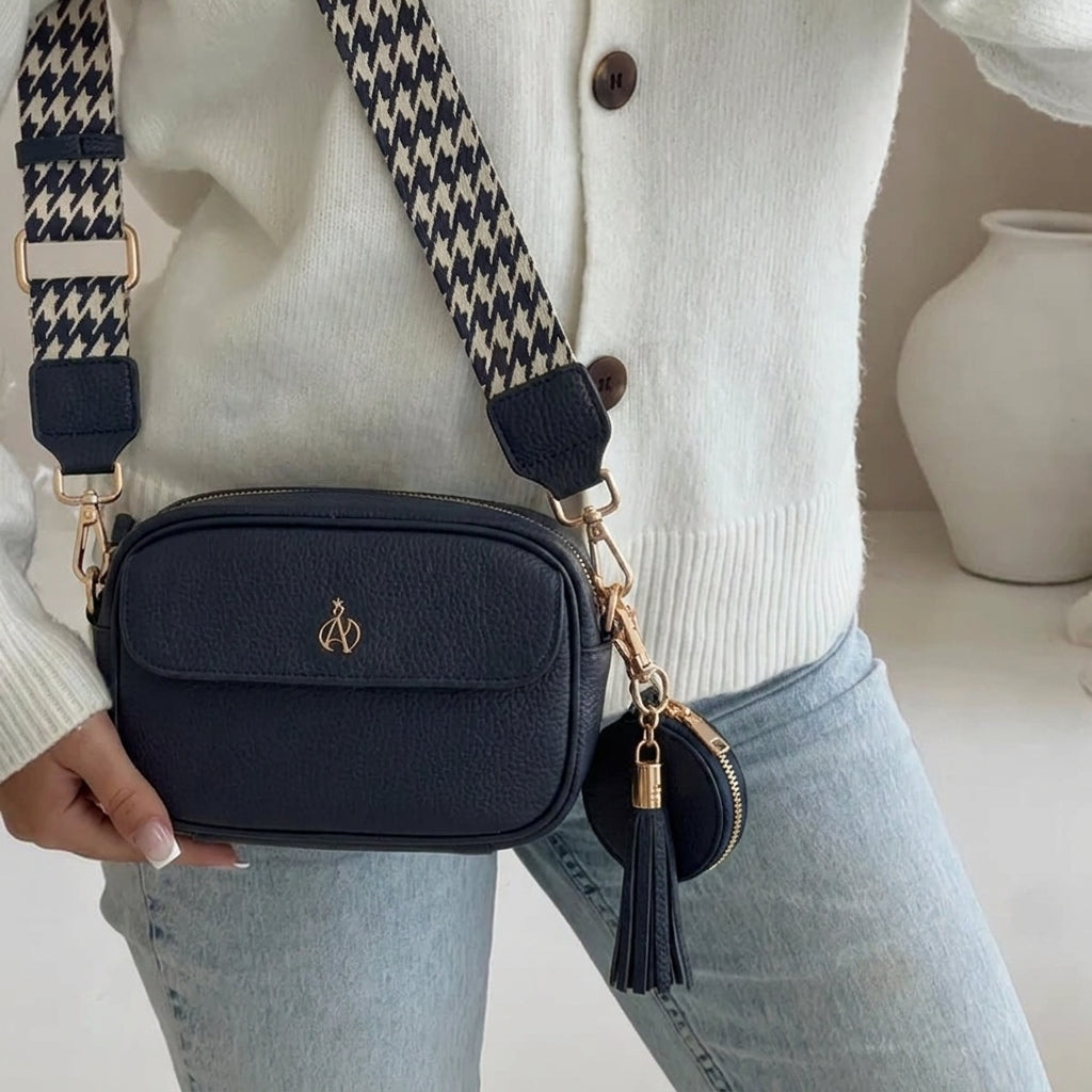 'HACKNEY MINI' Navy Pebble Grain Real Leather Crossbody Bag