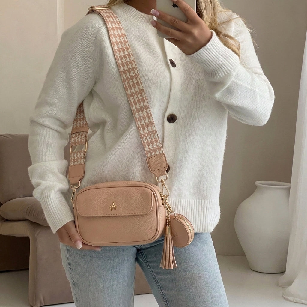 'HACKNEY MINI' Peach Pebble Grain Real Leather Crossbody Bag