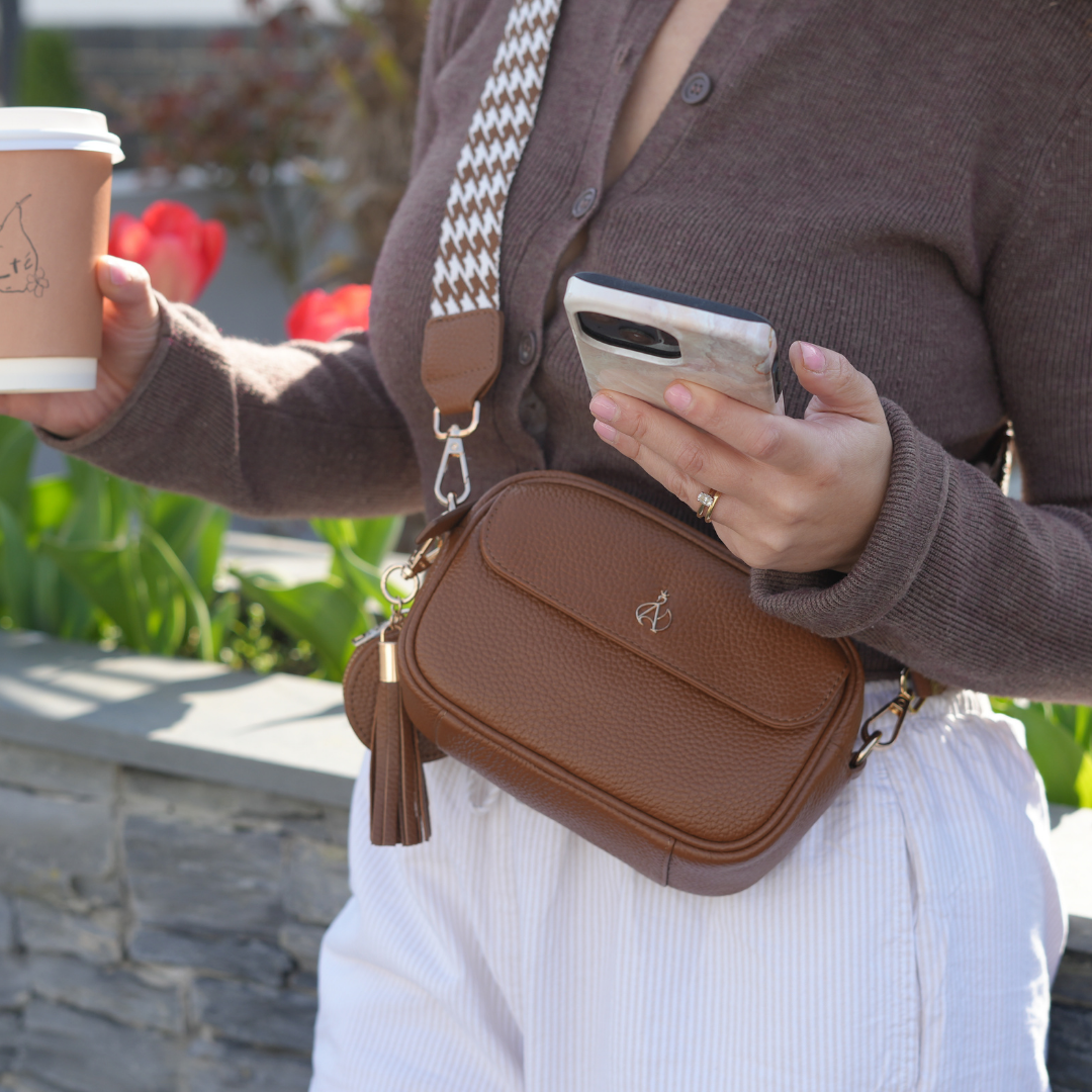 'HACKNEY MINI' Tan Pebble Grain Real Leather Crossbody Bag