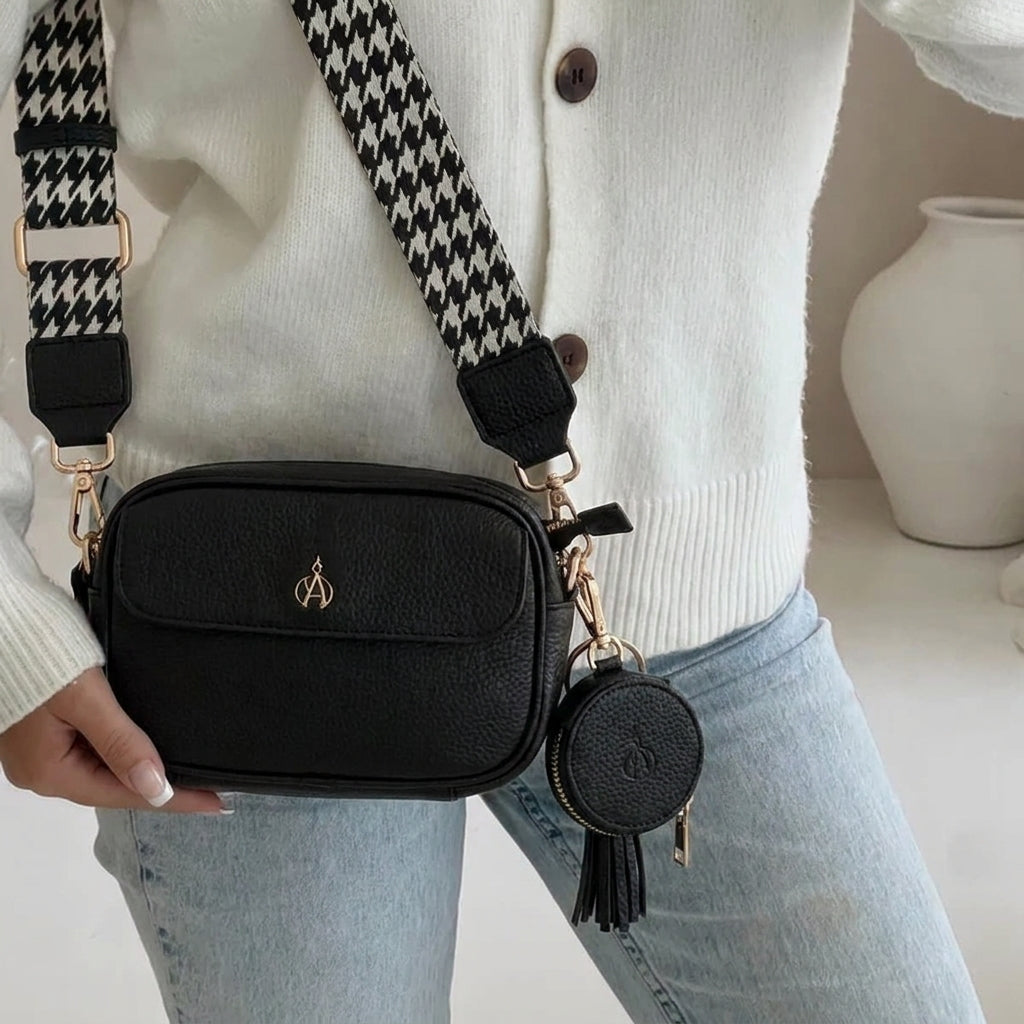 'HACKNEY MINI' Black Pebble Grain Real Leather Crossbody Bag