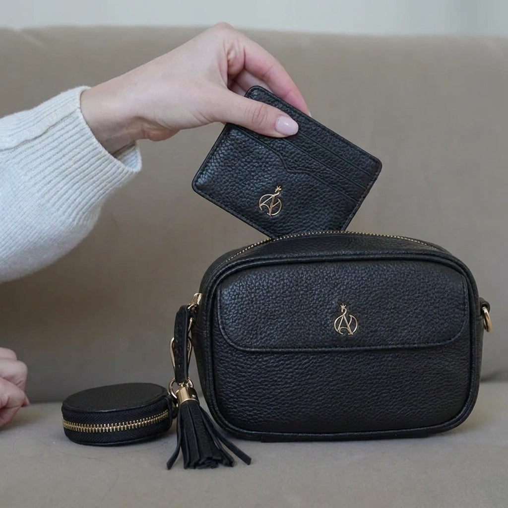 'HACKNEY MINI' Black Pebble Grain Real Leather Crossbody Bag