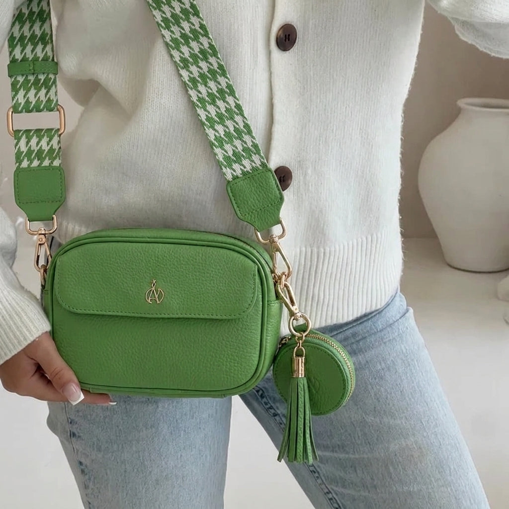 'HACKNEY MINI' Matcha Green Pebble Grain Real Leather Crossbody Bag