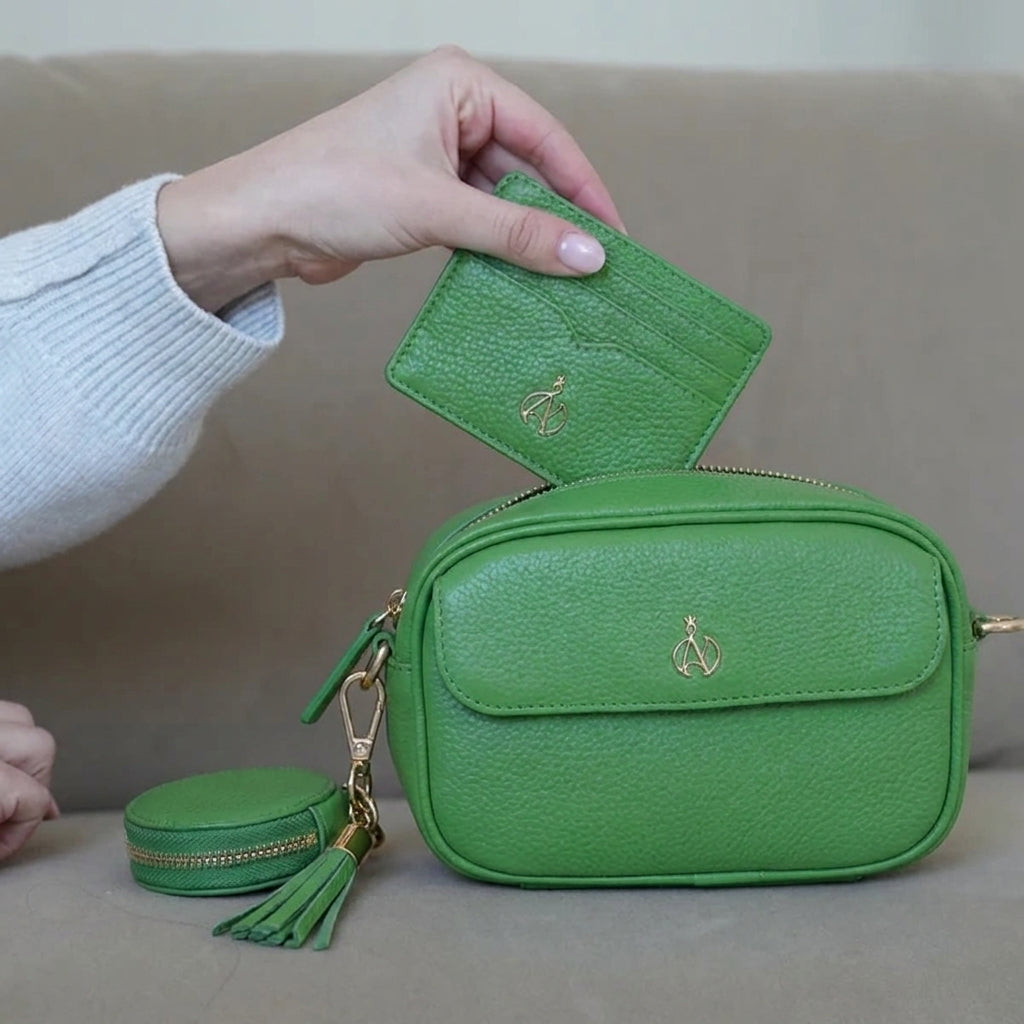 'HACKNEY MINI' Matcha Green Pebble Grain Real Leather Crossbody Bag