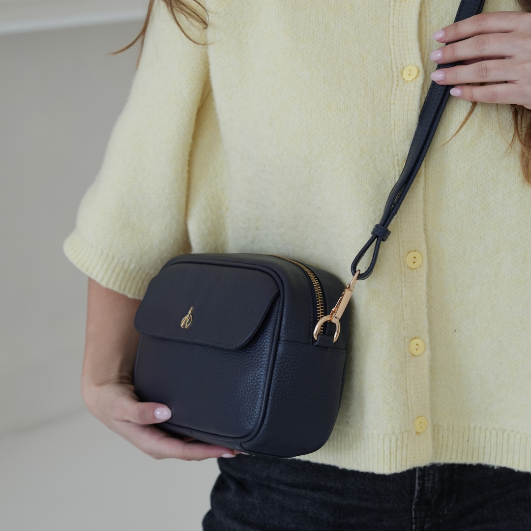 'HACKNEY' Navy Pebble Grain Real Leather Crossbody Bag