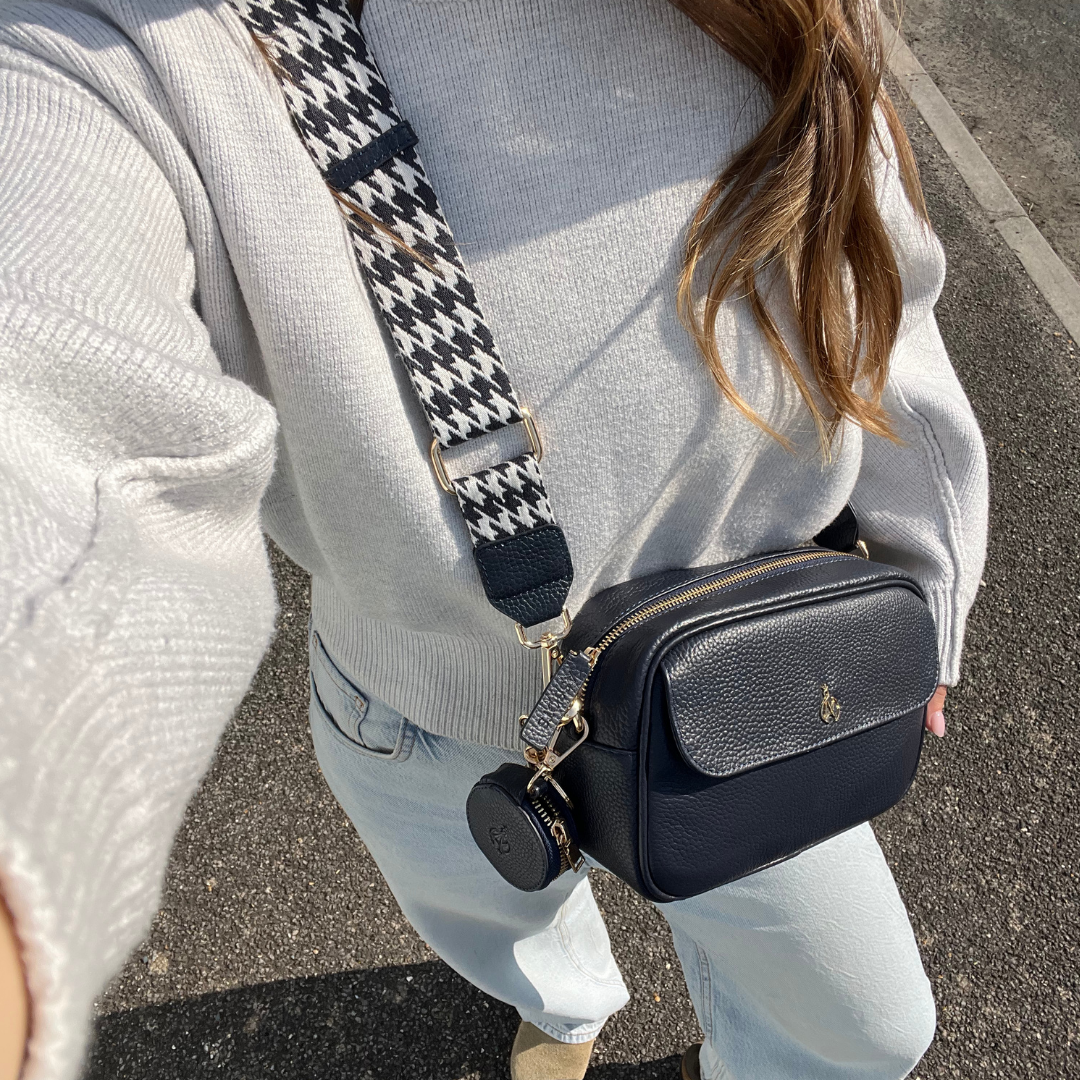 'HACKNEY' Navy Pebble Grain Real Leather Crossbody Bag