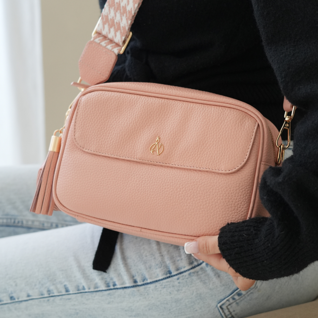 'HACKNEY' Peach Pebble Grain Real Leather Crossbody Bag