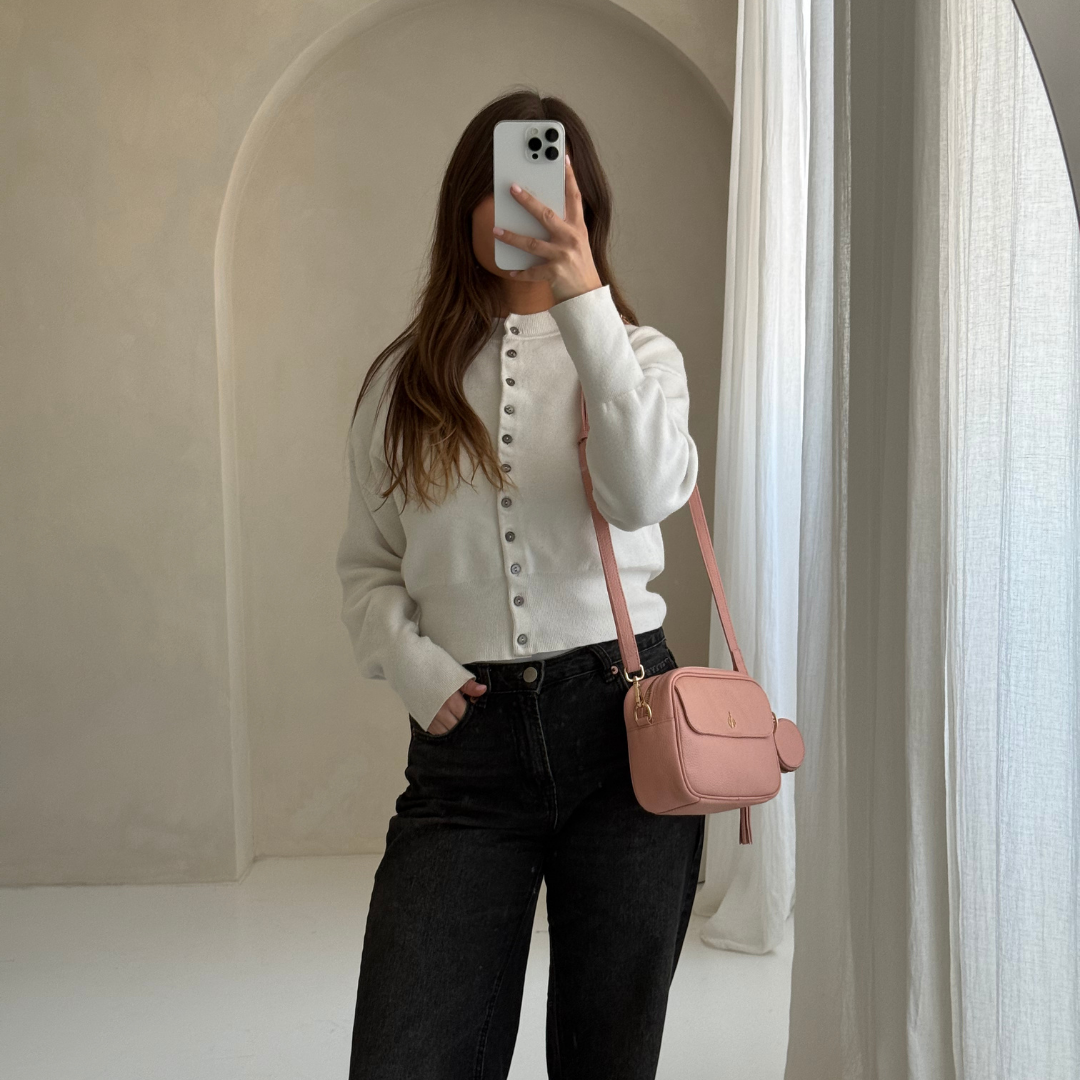 'HACKNEY' Peach Pebble Grain Real Leather Crossbody Bag