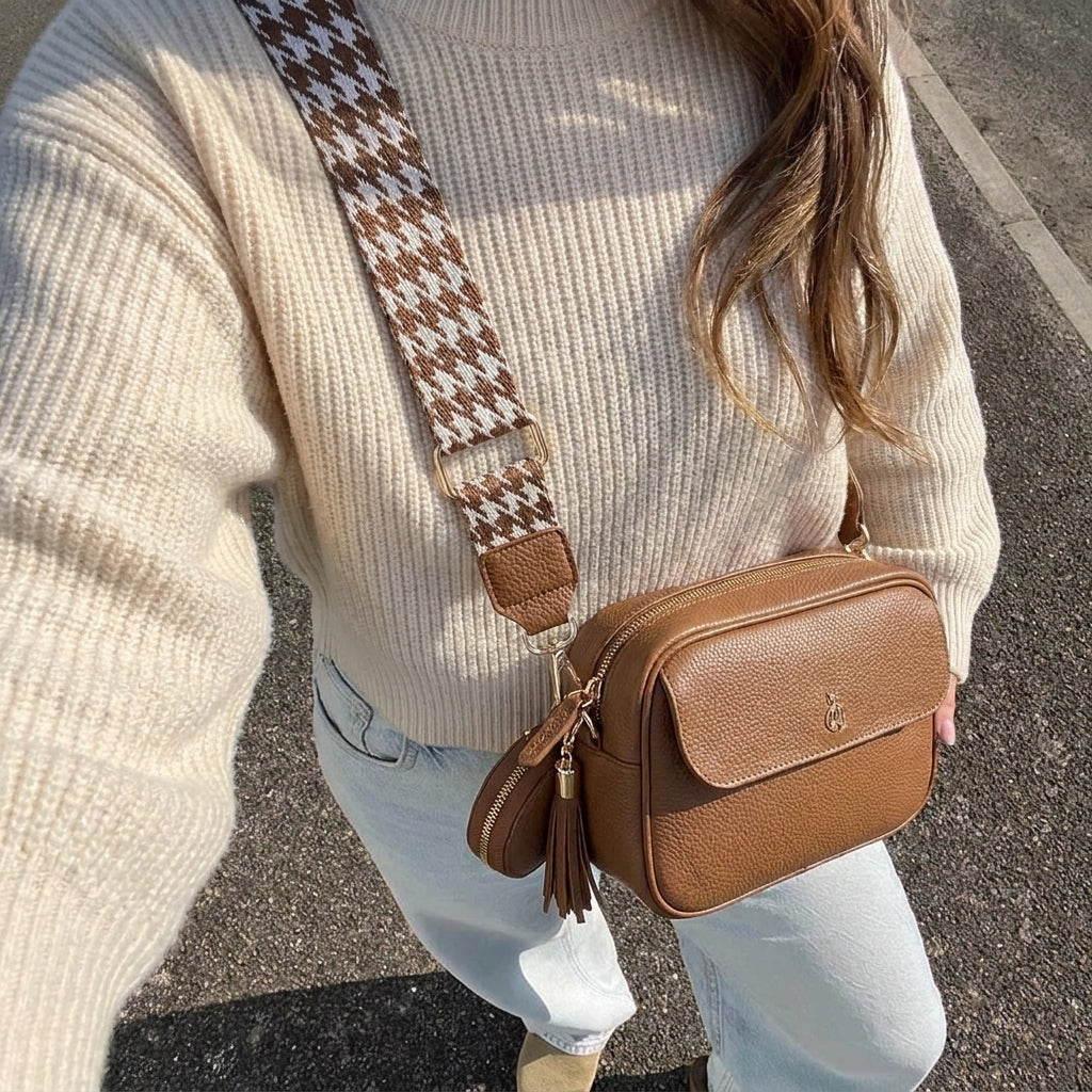 'HACKNEY' Tan Pebble Grain Real Leather Crossbody Bag
