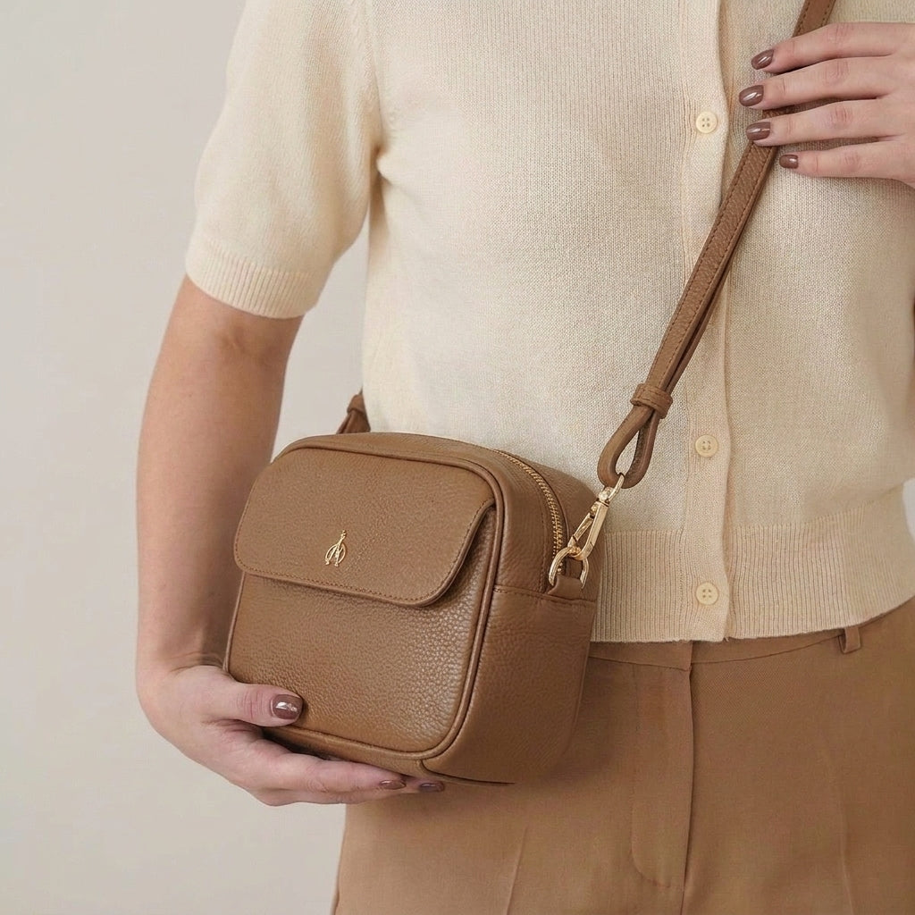 'HACKNEY' Tan Pebble Grain Real Leather Crossbody Bag