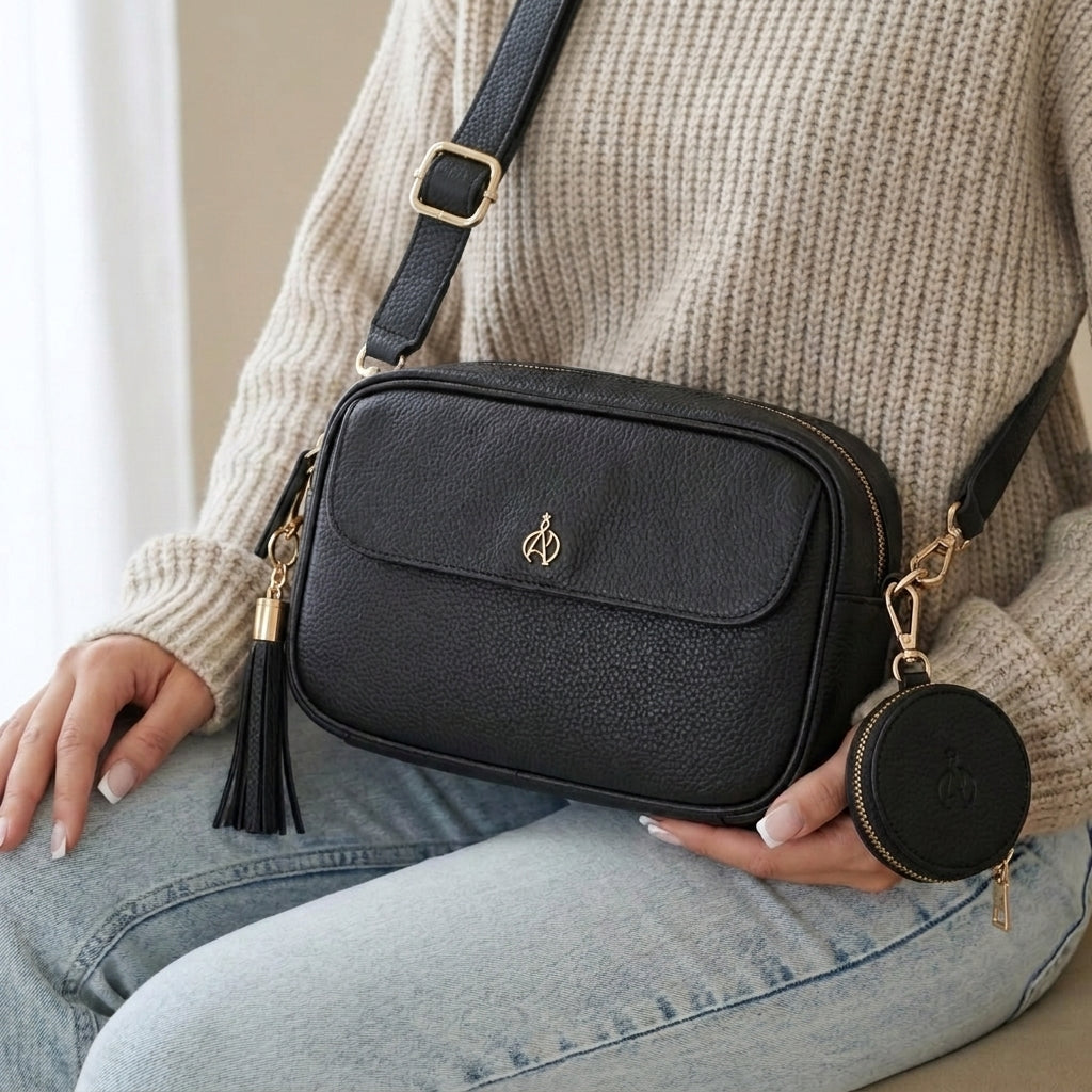 'HACKNEY' Black Pebble Grain Real Leather Crossbody Bag