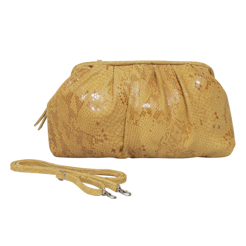 'Harper' Mustard Python Snake Print Real Leather Oversized Clutch Bag