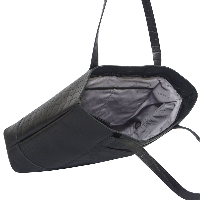 'HELENE' Black Croc Designer Leather Grab Bag