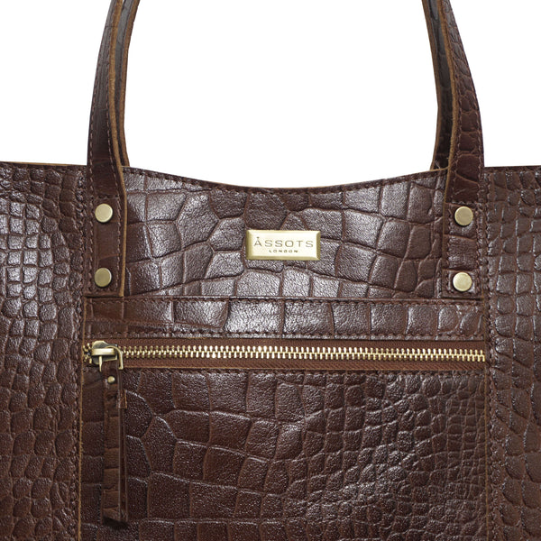 'HELENE' Brown Croc Designer Leather Grab Bag