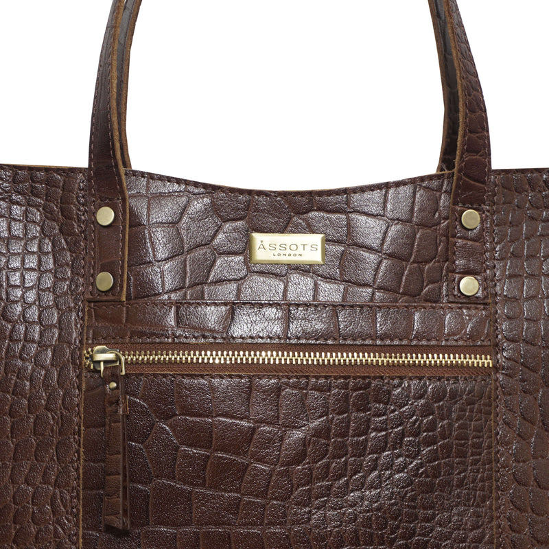 'HELENE' Brown Croc Designer Leather Grab Bag