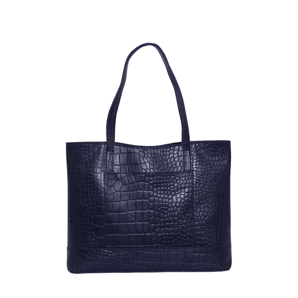 'HELENE' Navy Croc Designer Leather Grab Bag