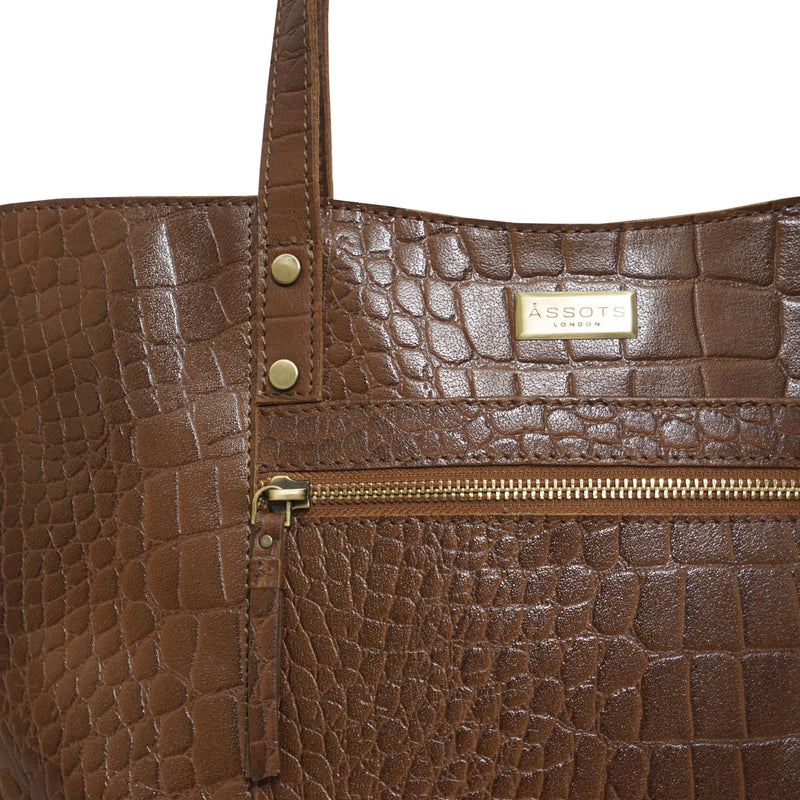 'HELENE' Tan Croc Designer Leather Grab Bag