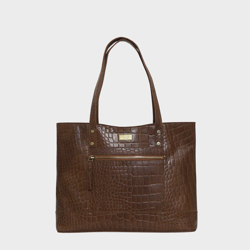 'HELENE' Tan Croc Designer Leather Grab Bag