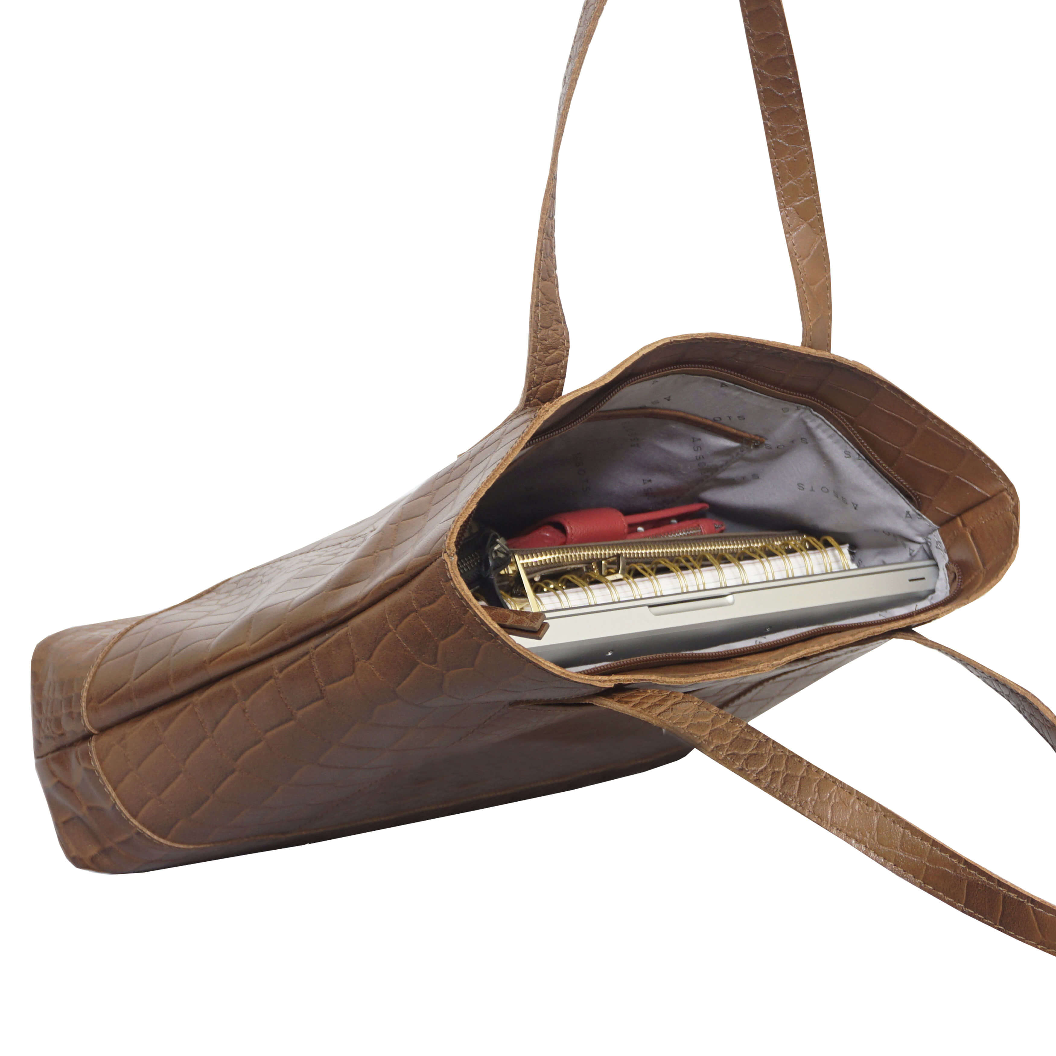 'HELENE' Tan Croc Designer Leather Grab Bag