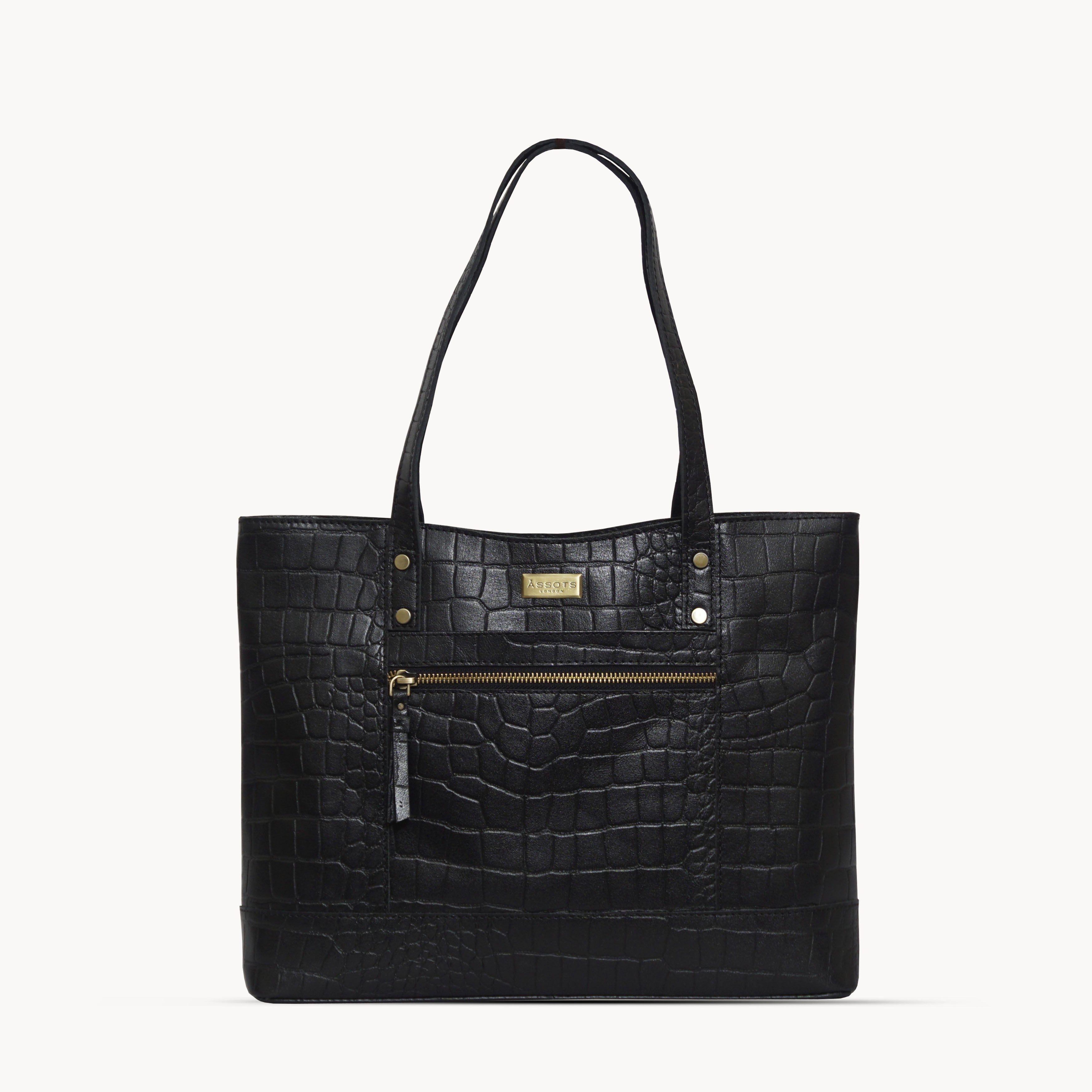 'HELENE' Black Croc Designer Leather Grab Bag