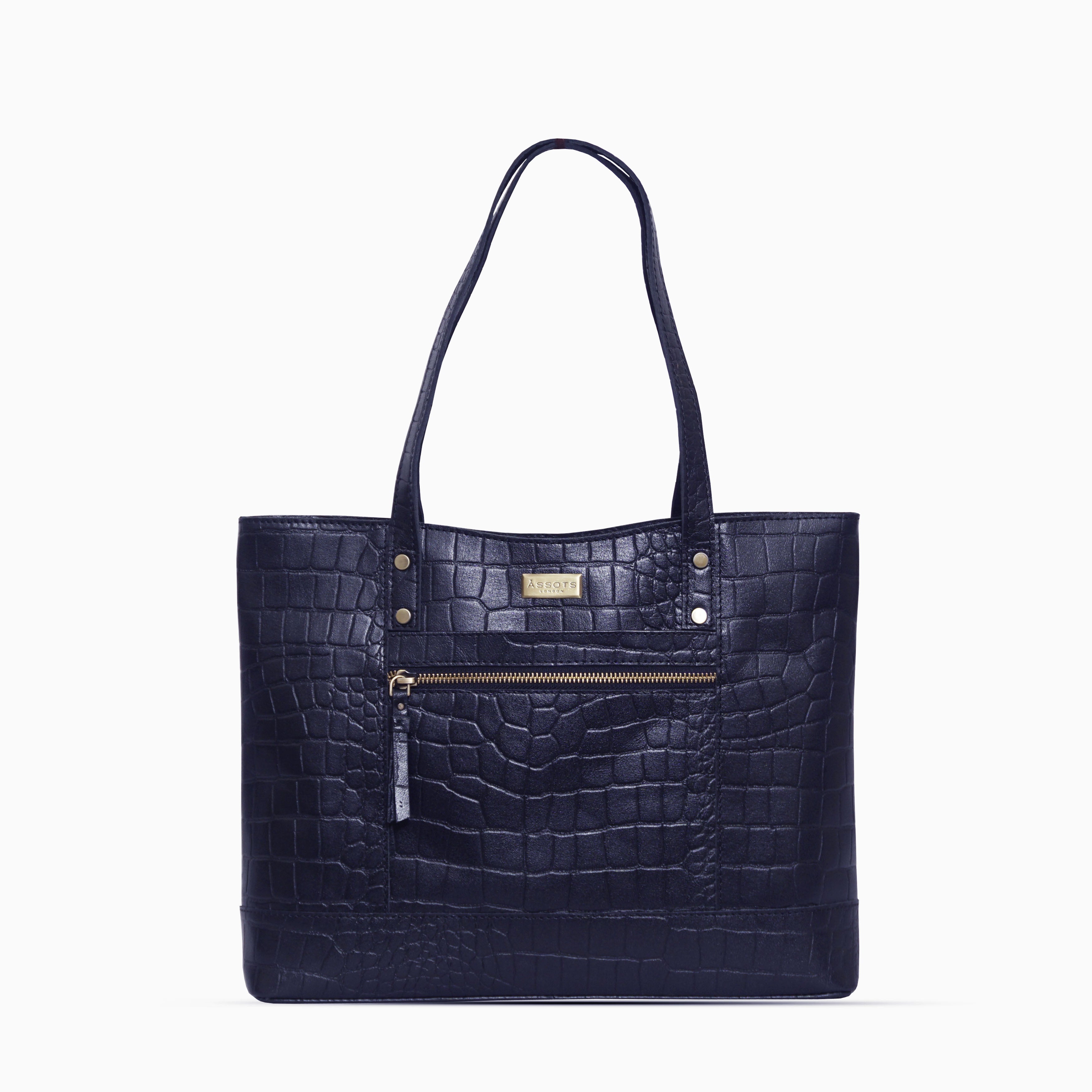 'HELENE' Navy Croc Designer Leather Grab Bag