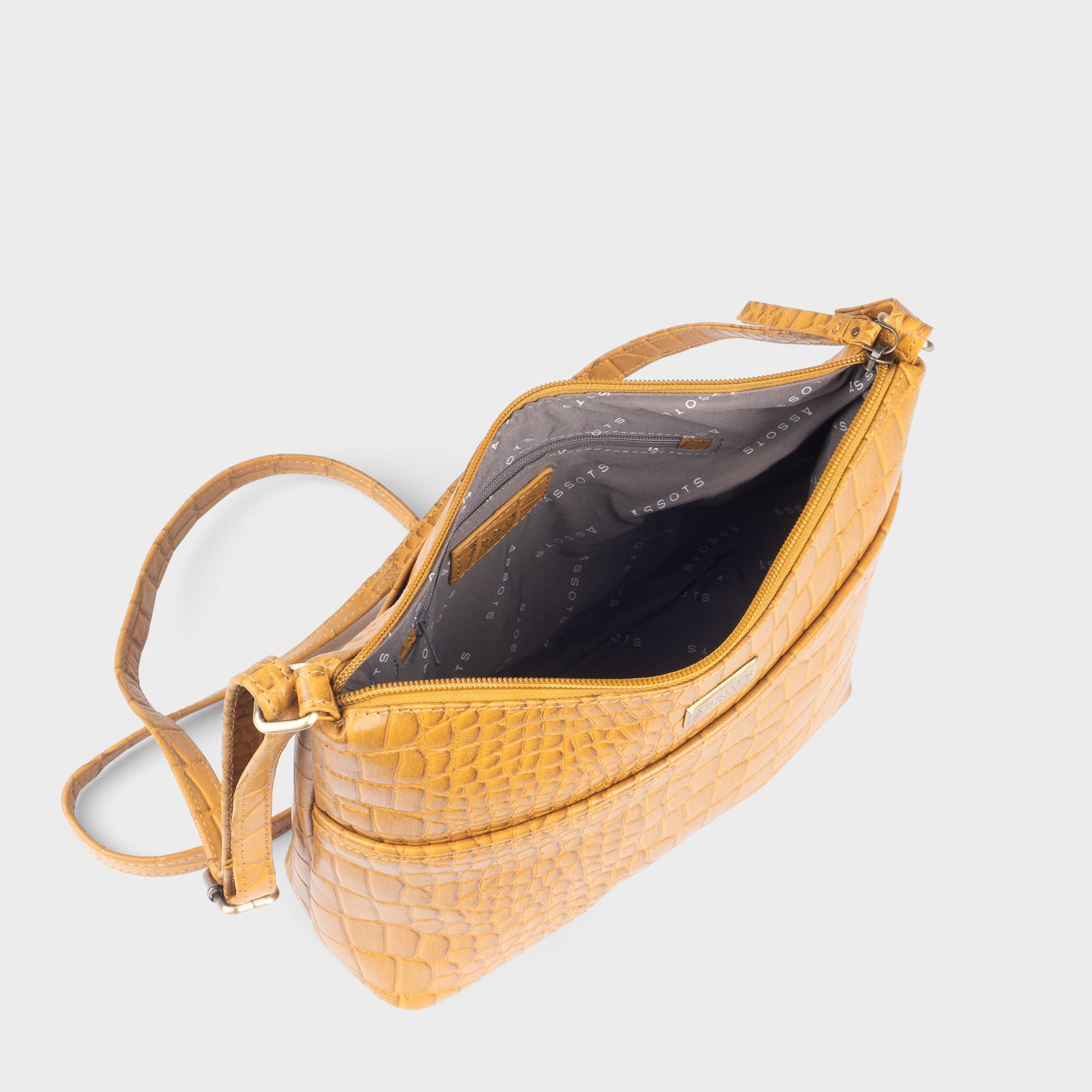 'CAROL' Mustard Croc Real Leather Designer Crossbody Shoulder Bag