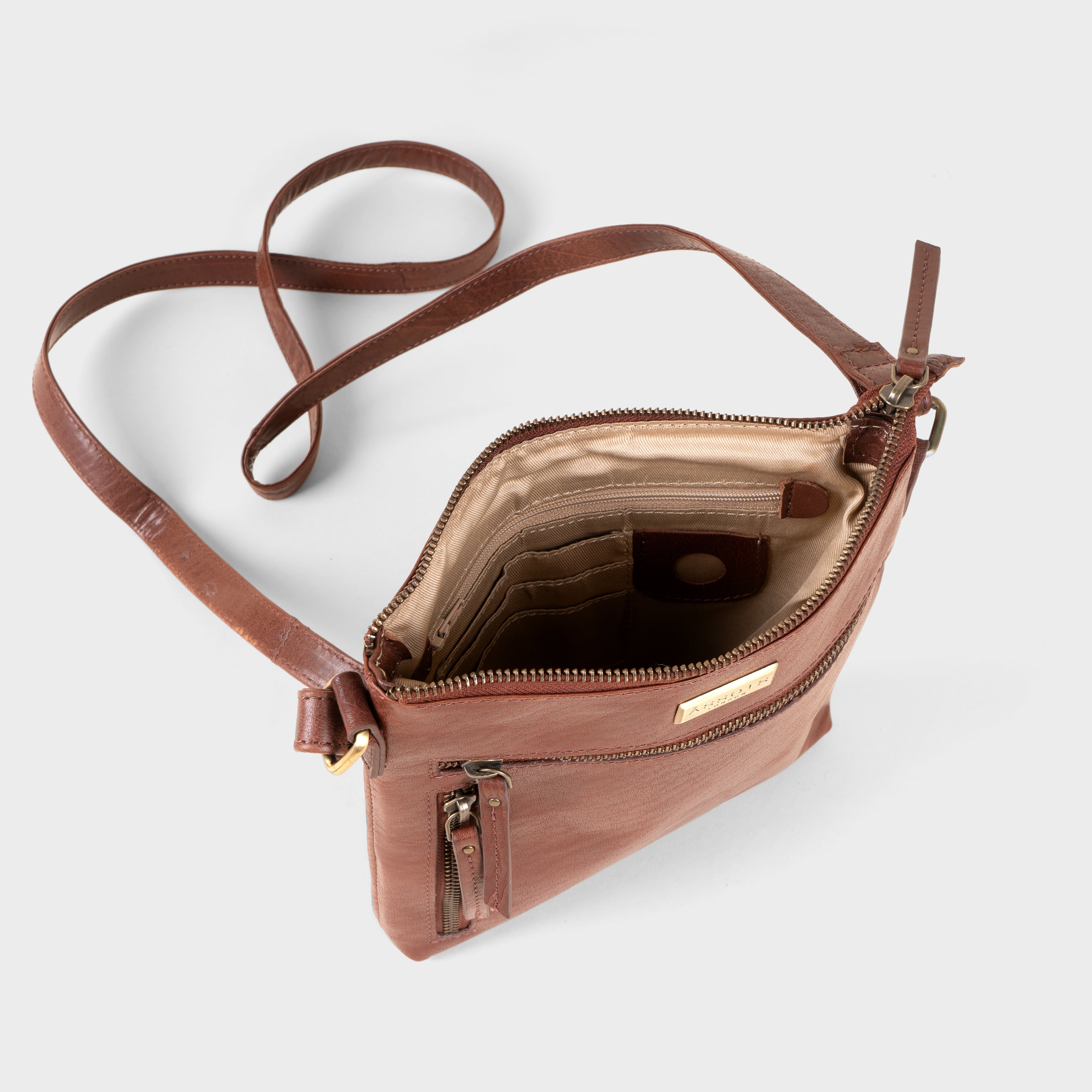 'RUE' Brown Polished VT Real Leather Crossbody Bag
