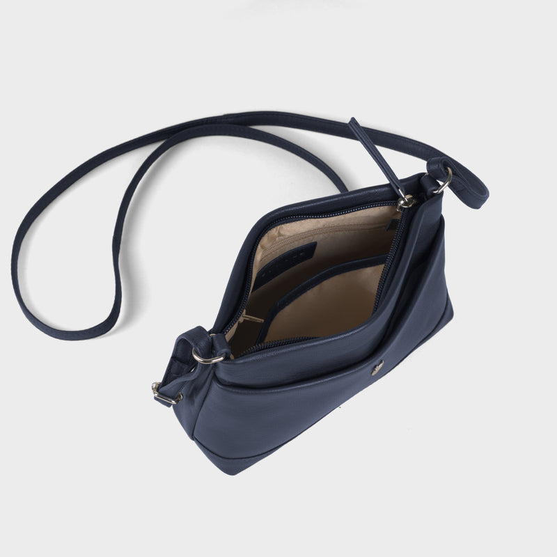 'SANDRA' Navy Soft Nappa Full Grain Real Leather Crossbody Bag