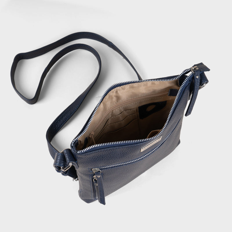 'RUE' Navy Pebble Grain Real Leather Crossbody Bag
