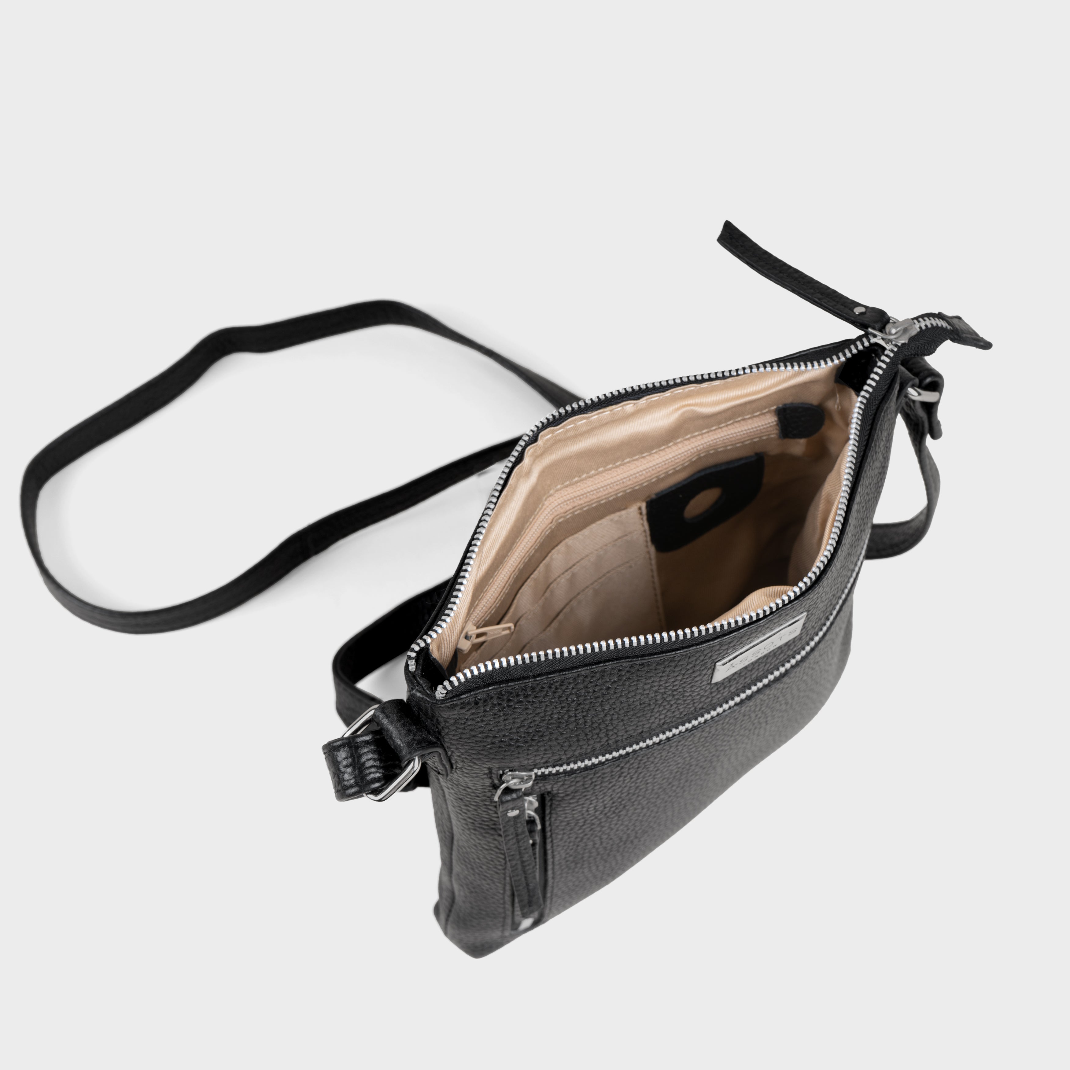 'RUE' Black Pebble Grain Real Leather Crossbody Bag