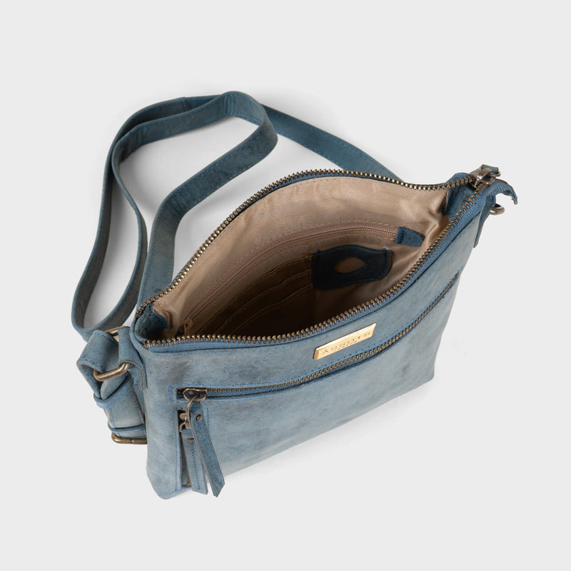 'RUE' Distressed Denim Real Leather Crossbody Bag