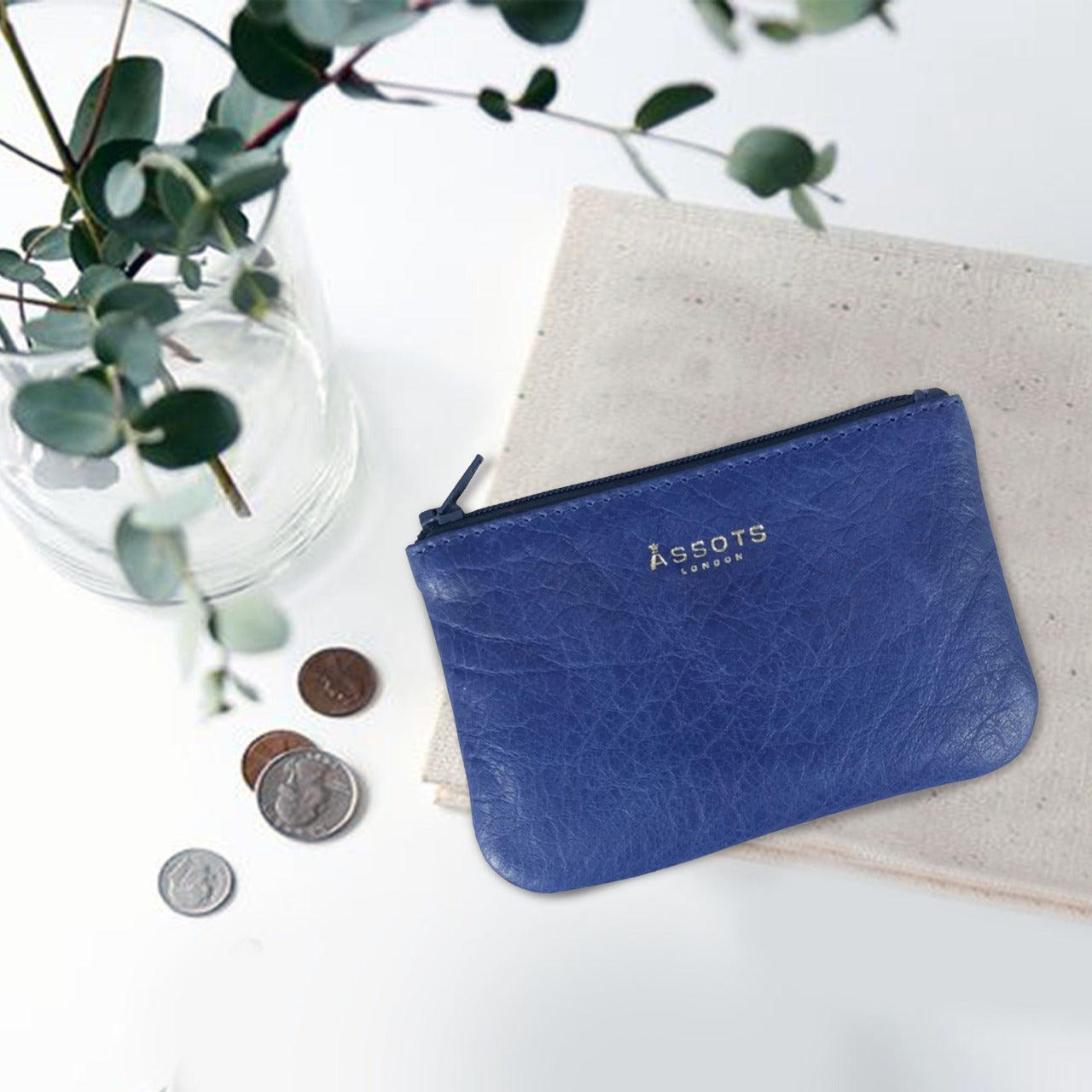'Poppy' Blue Iris Full Grain Leather Zip Top Coin Purse