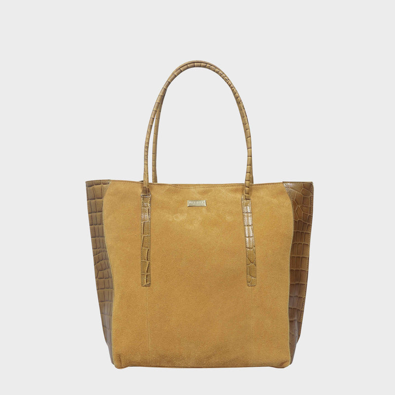 'ISLA' Mustard Suede + Croc Real Leather Designer Large Tote Bag