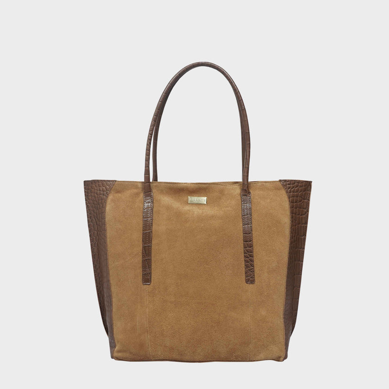 'ISLA' Tan Suede + Croc Real Leather Designer Large Tote Bag