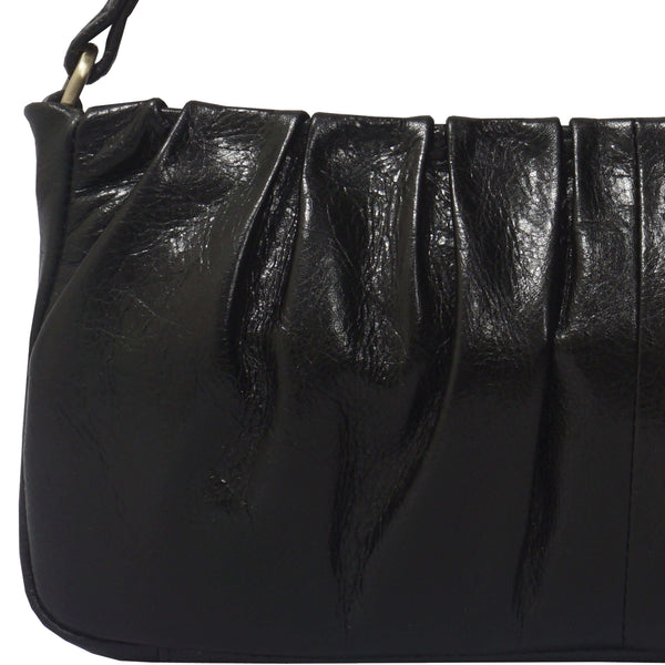 'IVY' Black Vintage Pleated Real Leather Baguette Shoulder Bag