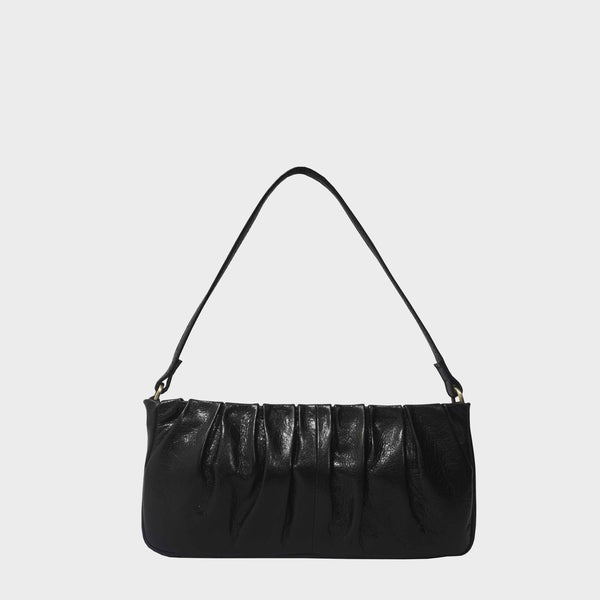 'IVY' Black Vintage Pleated Real Leather Baguette Shoulder Bag