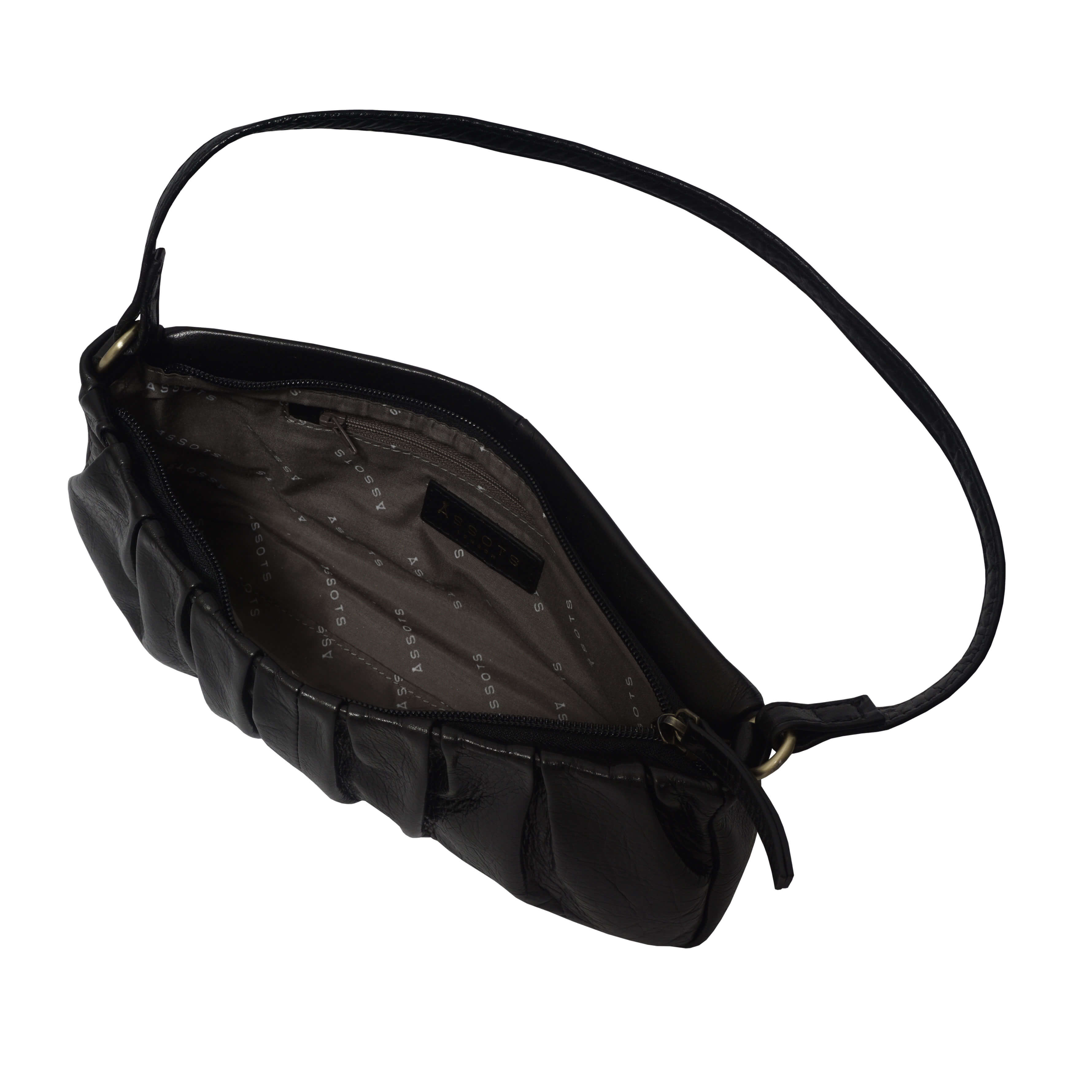 'IVY' Black Vintage Pleated Real Leather Baguette Shoulder Bag