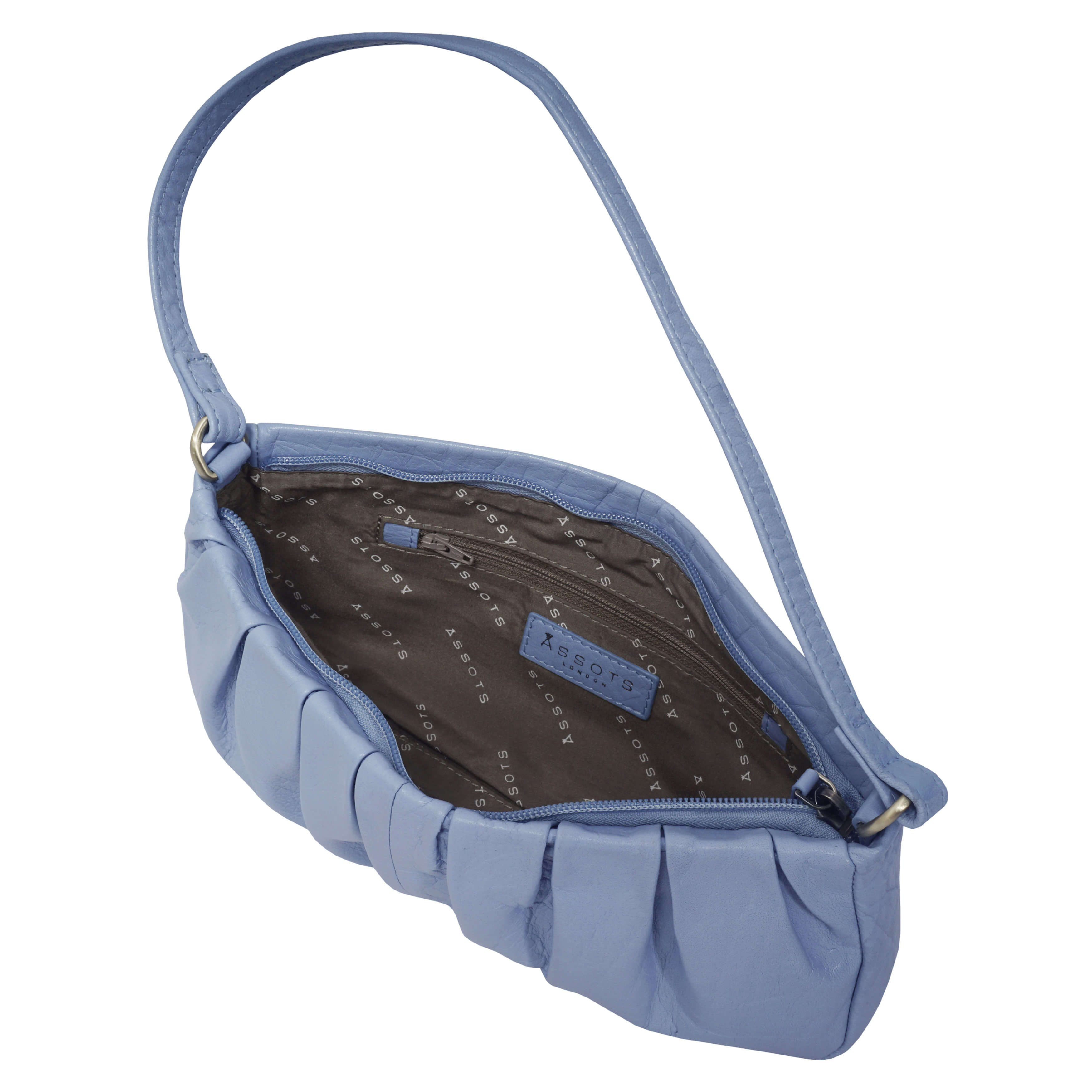 'IVY' Pale Blue Pleated Real Leather Baguette Shoulder Bag