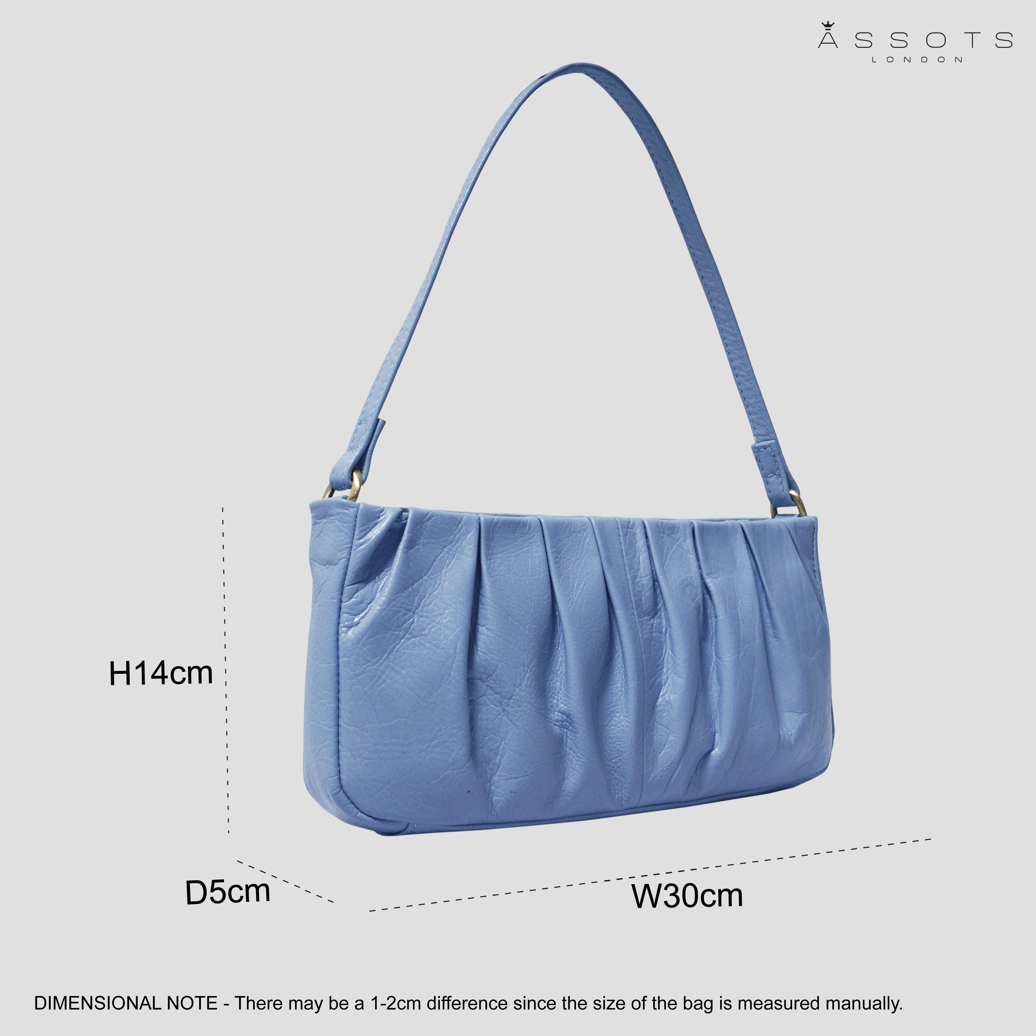 'IVY' Pale Blue Pleated Real Leather Baguette Shoulder Bag