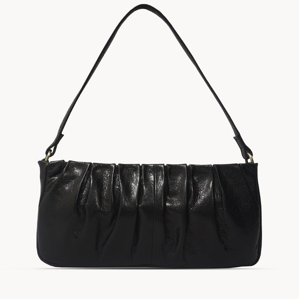 'IVY' Black Vintage Pleated Real Leather Baguette Shoulder Bag