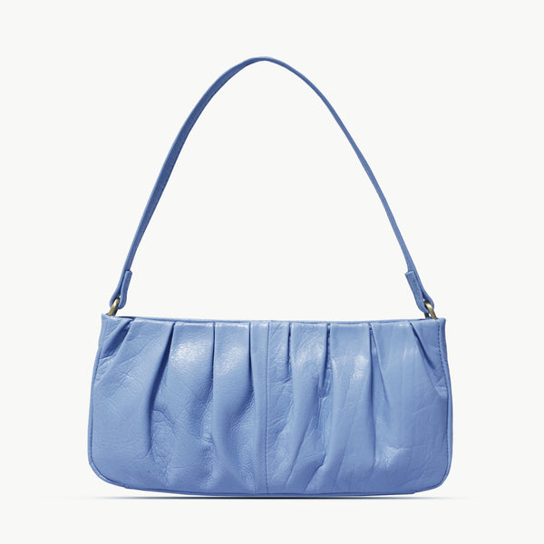 'IVY' Pale Blue Pleated Real Leather Baguette Shoulder Bag