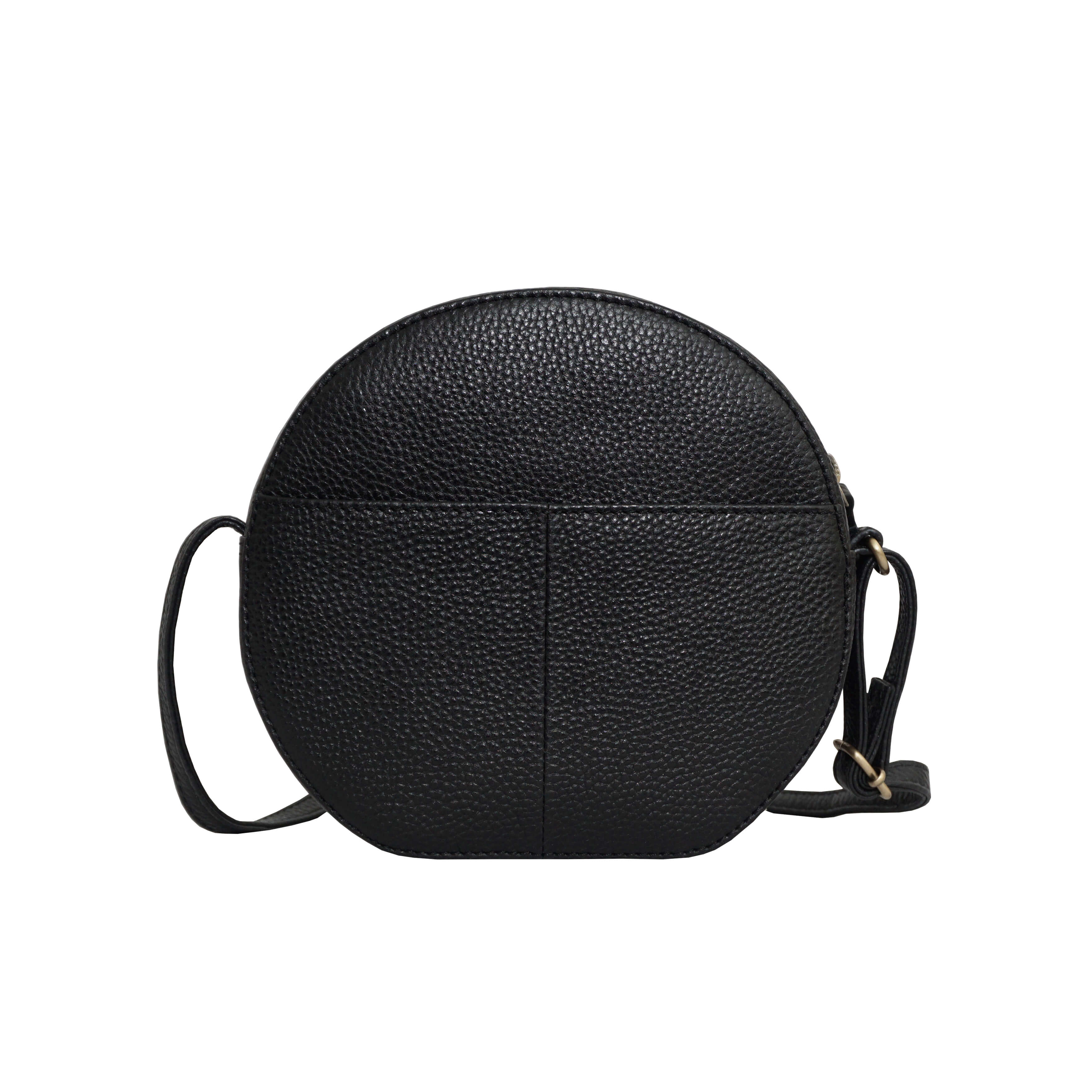 'Jane' Black Pebble Grain Leather Round Designer Crossbody Bag