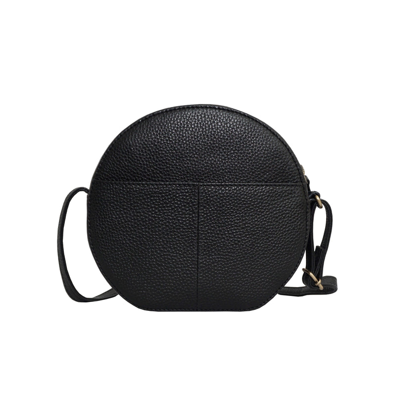 'Jane' Black Pebble Grain Leather Round Designer Crossbody Bag
