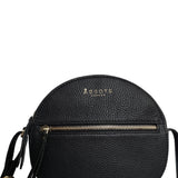 'Jane' Black Pebble Grain Leather Round Designer Crossbody Bag