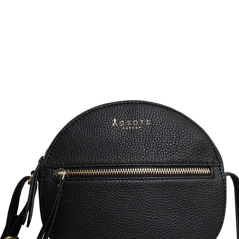 'Jane' Black Pebble Grain Leather Round Designer Crossbody Bag