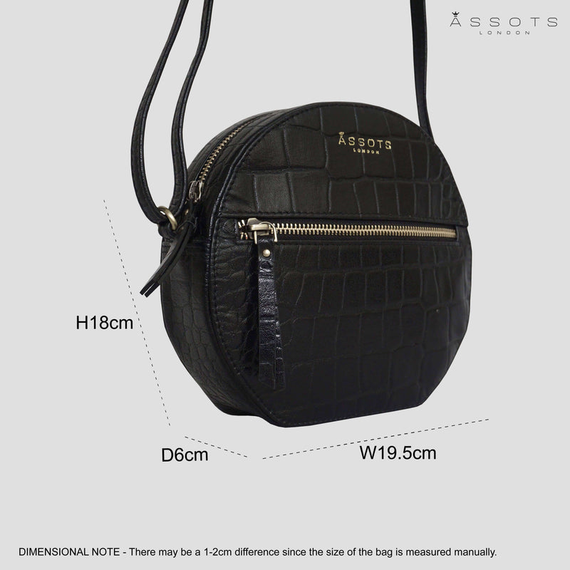 'Jane' Black Croc Leather Round Designer Crossbody Bag
