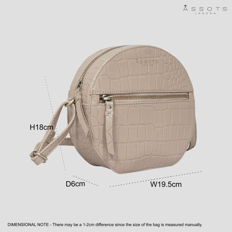 'Jane' Nude Croc Real Leather Round Designer Crossbody Bag