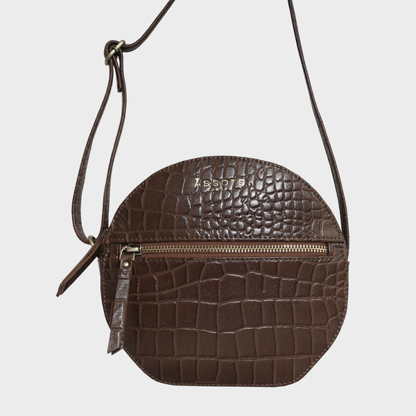 'Jane' Dark Tan Croc Leather Round Designer Crossbody Bag