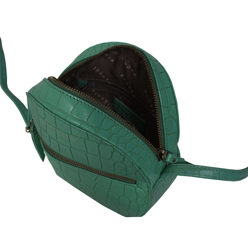 'Jane' Green Croc Leather Round Designer Crossbody Bag