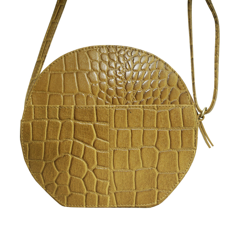 'Jane' Mustard Croc Leather Round Designer Crossbody Bag