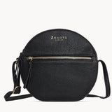 'Jane' Black Pebble Grain Leather Round Designer Crossbody Bag